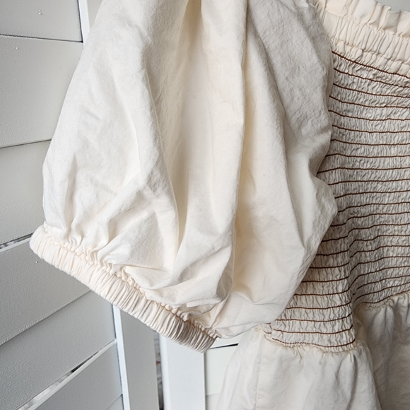 Ivory Smocked Puff Short Sleeve Ivory Regencycore Off The Shoulder Boho Shirt - Picture 5 of 9